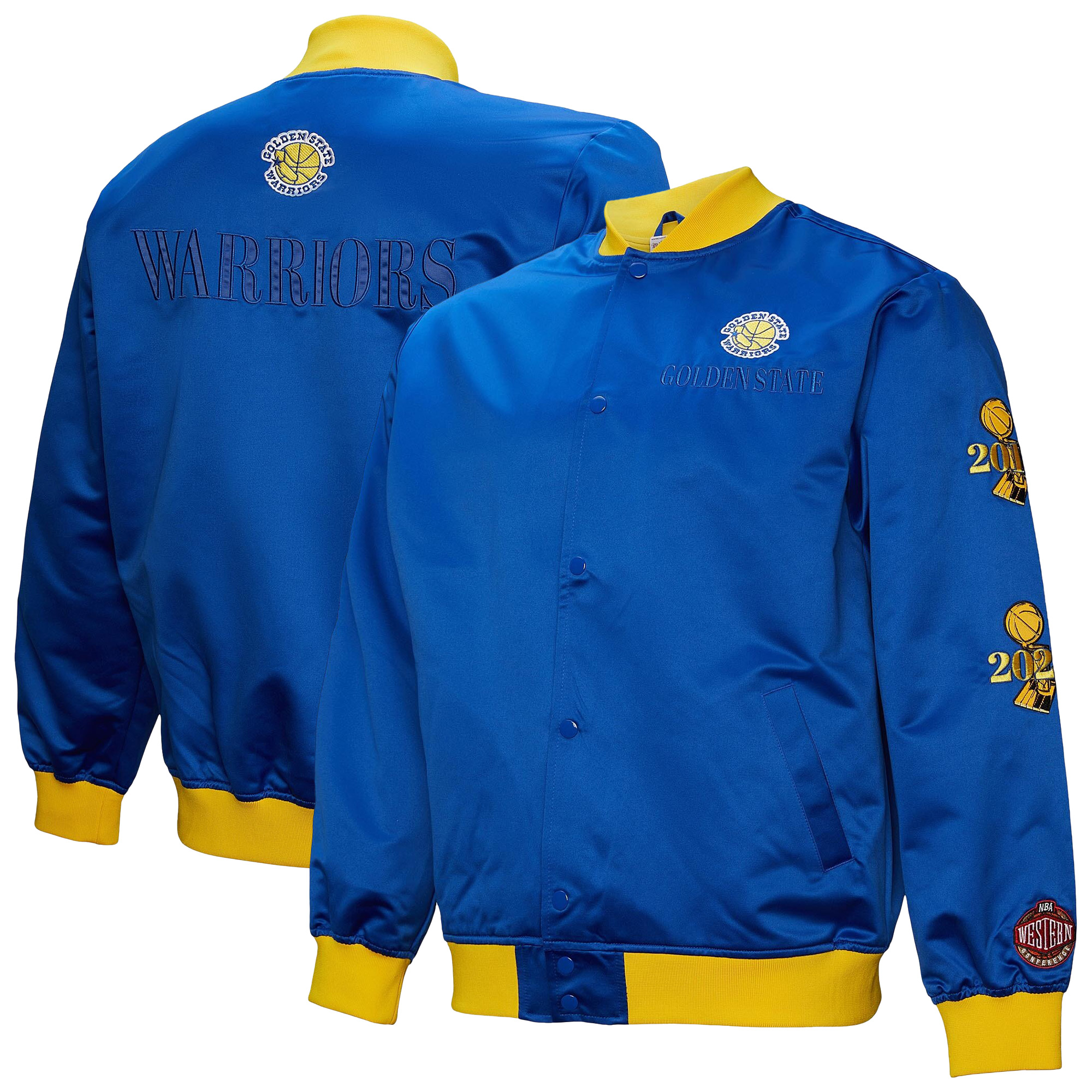 Men's Mitchell \u0026 Ness Royal Golden State Warriors Hardwood Classics Team OG 3.0 Lightweight Satin Full-Snap Jacket
